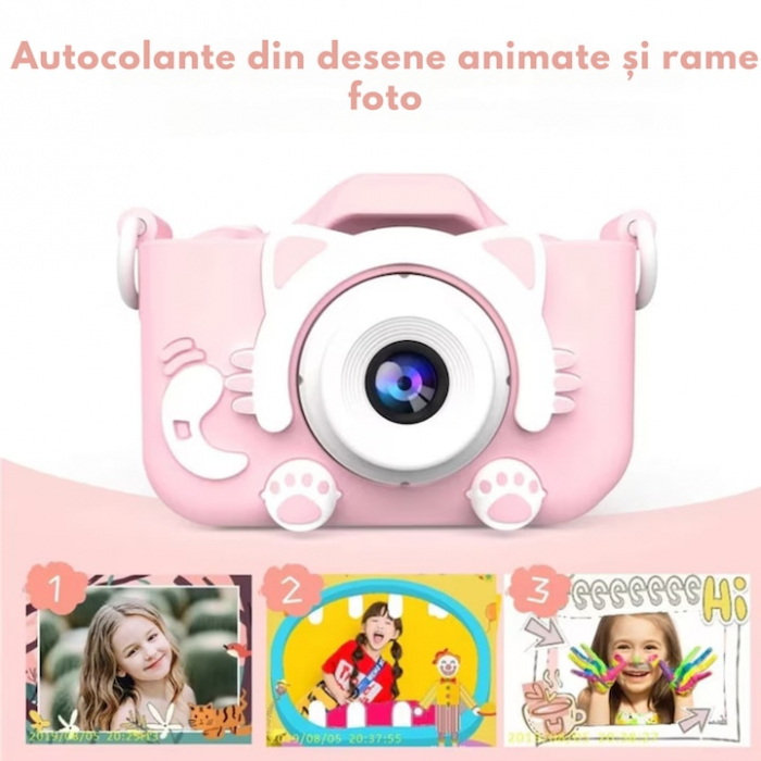 Camera foto pentru copii VarioShop®, Video, Jocuri, Muzica, 32GB SD card 1080P HD, 2.0 inch, 600 mAh, Husa Protectie Silicon, 3 ani+, Roz [8]