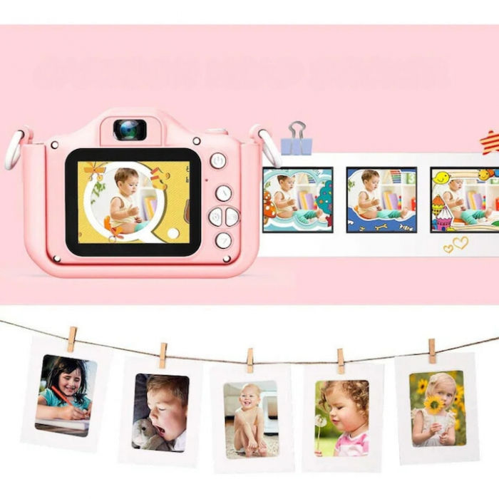 Camera foto pentru copii VarioShop®, Video, Jocuri, Muzica, 32GB SD card 1080P HD, 2.0 inch, 600 mAh, Husa Protectie Silicon, 3 ani+, Roz [12]