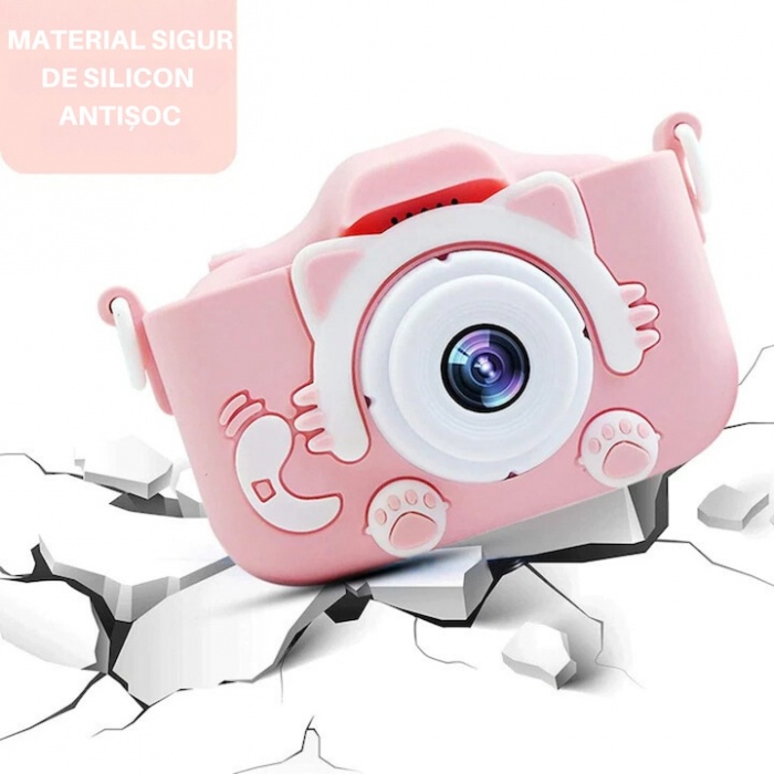 Camera foto pentru copii VarioShop®, Video, Jocuri, Muzica, 32GB SD card 1080P HD, 2.0 inch, 600 mAh, Husa Protectie Silicon, 3 ani+, Roz [10]