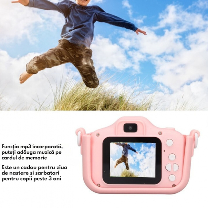 Camera foto pentru copii VarioShop®, Video, Jocuri, Muzica, 32GB SD card 1080P HD, 2.0 inch, 600 mAh, Husa Protectie Silicon, 3 ani+, Roz [3]