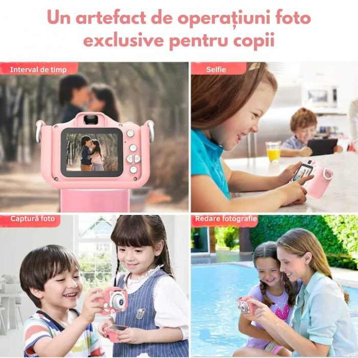 Camera foto pentru copii VarioShop®, Video, Jocuri, Muzica, 32GB SD card 1080P HD, 2.0 inch, 600 mAh, Husa Protectie Silicon, 3 ani+, Roz [2]