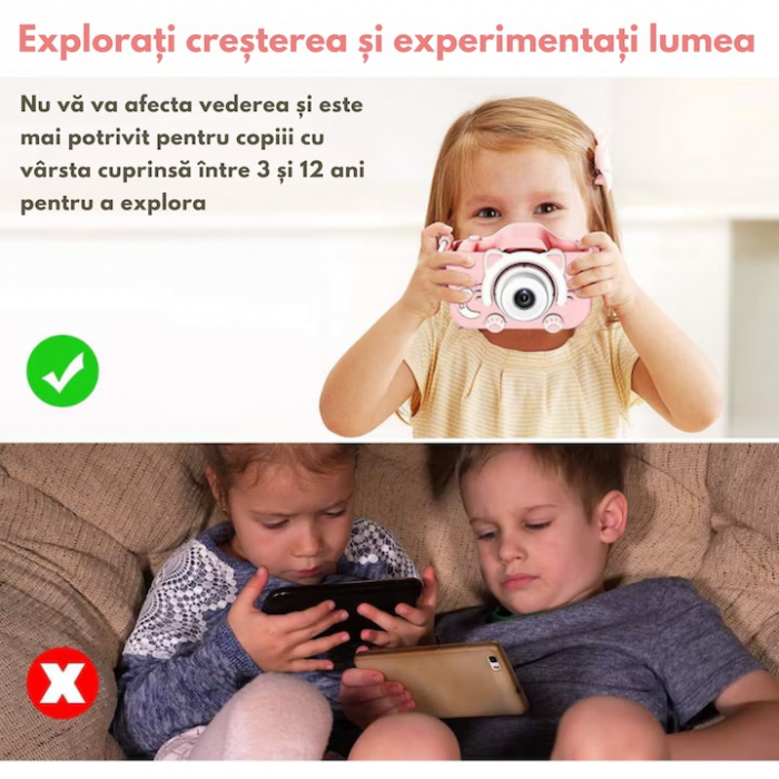 Camera foto pentru copii VarioShop®, Video, Jocuri, Muzica, 32GB SD card 1080P HD, 2.0 inch, 600 mAh, Husa Protectie Silicon, 3 ani+, Roz [5]
