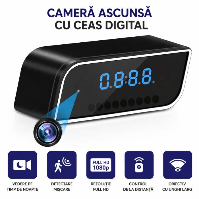 Camera spion VarioShop®, ascunsa in ceas desteptator, filmare Full HD 1920x1080 px, microfon, LED IR, aplicatie, microSD pana la 32 GB, 10 x 3.7 x 4.5 cm [2]
