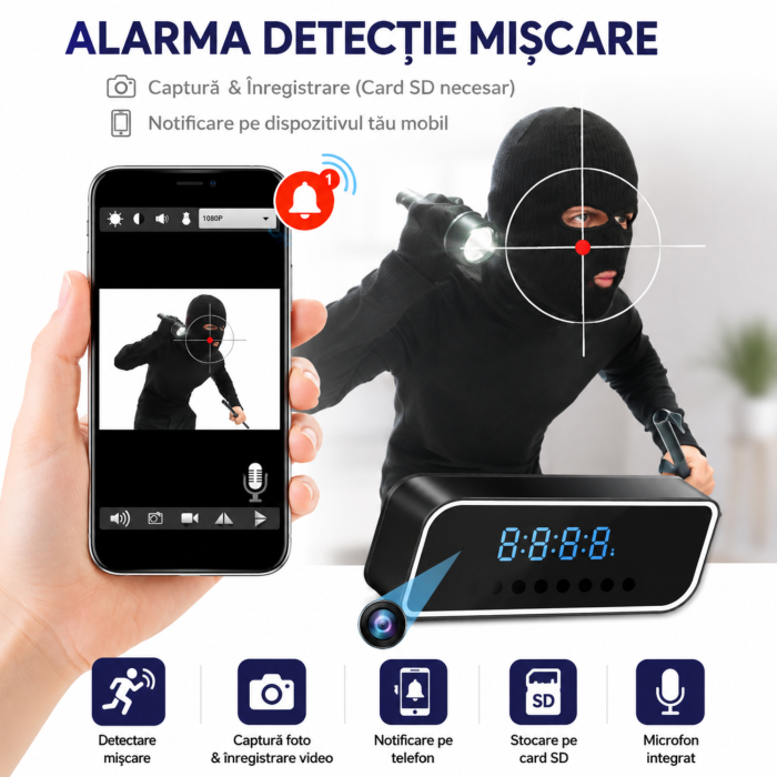 Camera spion VarioShop®, ascunsa in ceas desteptator, filmare Full HD 1920x1080 px, microfon, LED IR, aplicatie, microSD pana la 32 GB, 10 x 3.7 x 4.5 cm [4]