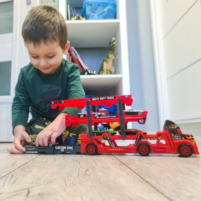 Camion transportor cu 6 masini VarioShop®, cu lansator, autocolante, remorca pliabila pe 3 niveluri, rezistent, rosu/negru [12]