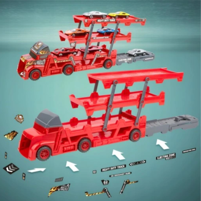 Camion transportor cu 6 masini VarioShop®, cu lansator, autocolante, remorca pliabila pe 3 niveluri, rezistent, rosu/negru [7]