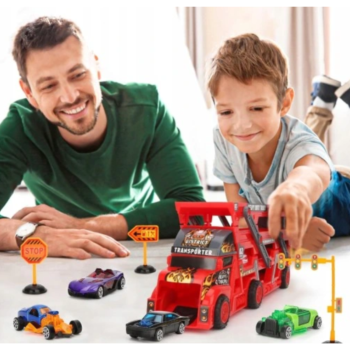 Camion transportor cu 6 masini VarioShop®, cu lansator, autocolante, remorca pliabila pe 3 niveluri, rezistent, rosu/negru [4]