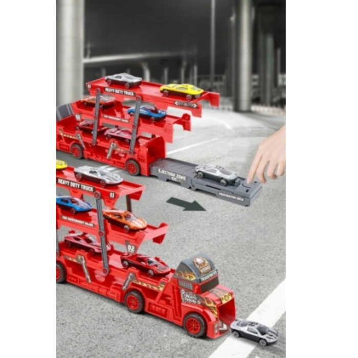 Camion transportor cu 6 masini VarioShop®, cu lansator, autocolante, remorca pliabila pe 3 niveluri, rezistent, rosu/negru [2]