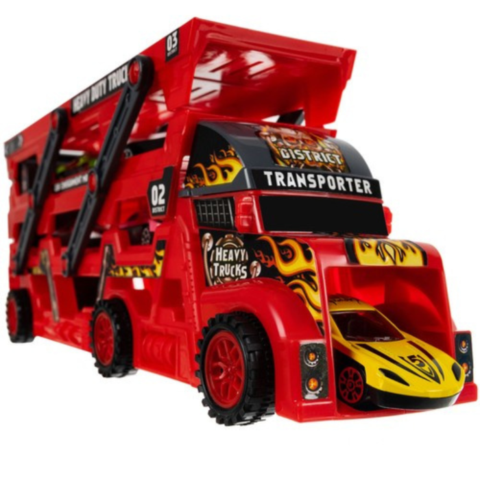 Camion transportor cu 6 masini VarioShop®, cu lansator, autocolante, remorca pliabila pe 3 niveluri, rezistent, rosu/negru [14]