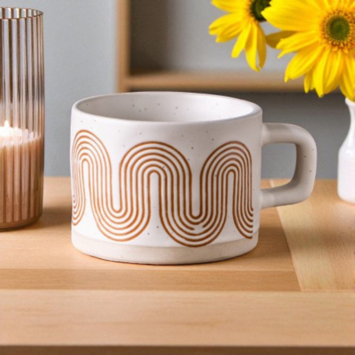 Cană ceramică 250 ml cu model geometric retro, alb cu maro [2]