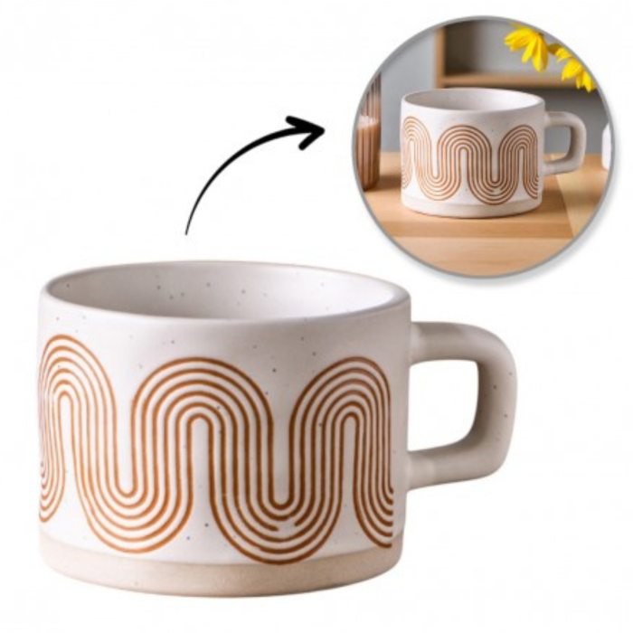 Cană ceramică 250 ml cu model geometric retro, alb cu maro [4]