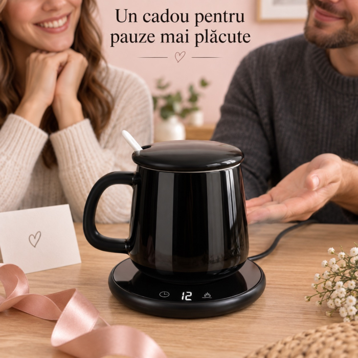 Cana ceramica VarioShop® cu incalzitor, pentru cafea si ceai, 400 ml, 2 trepte 40/60°C, temporizator, capac si lingurita, negru [11]