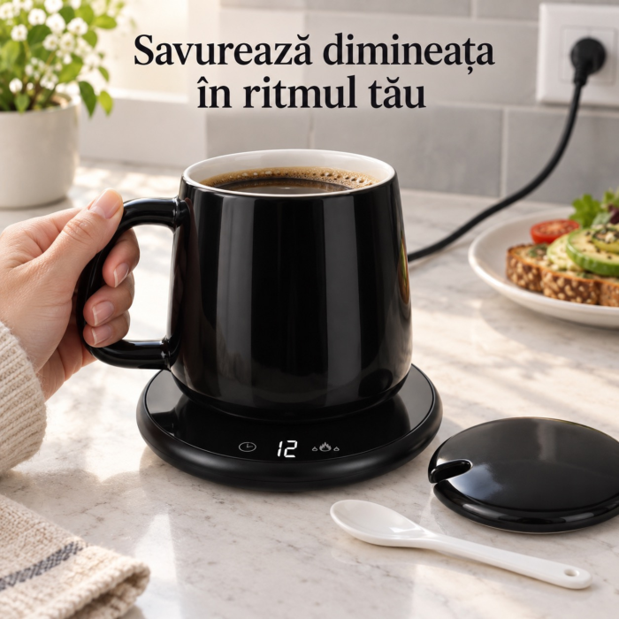 Cana ceramica VarioShop® cu incalzitor, pentru cafea si ceai, 400 ml, 2 trepte 40/60°C, temporizator, capac si lingurita, negru [9]