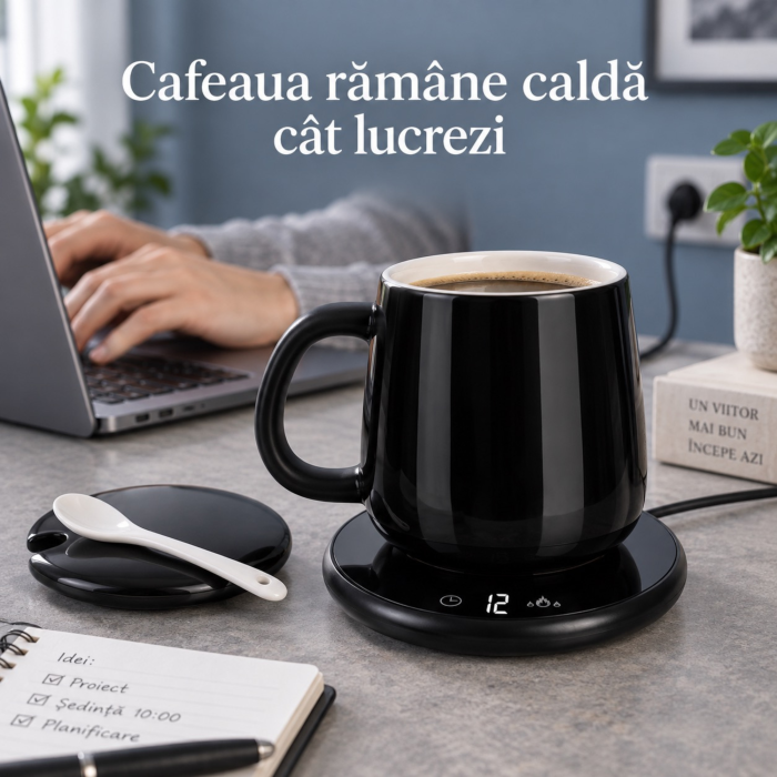 Cana ceramica VarioShop® cu incalzitor, pentru cafea si ceai, 400 ml, 2 trepte 40/60°C, temporizator, capac si lingurita, negru [6]