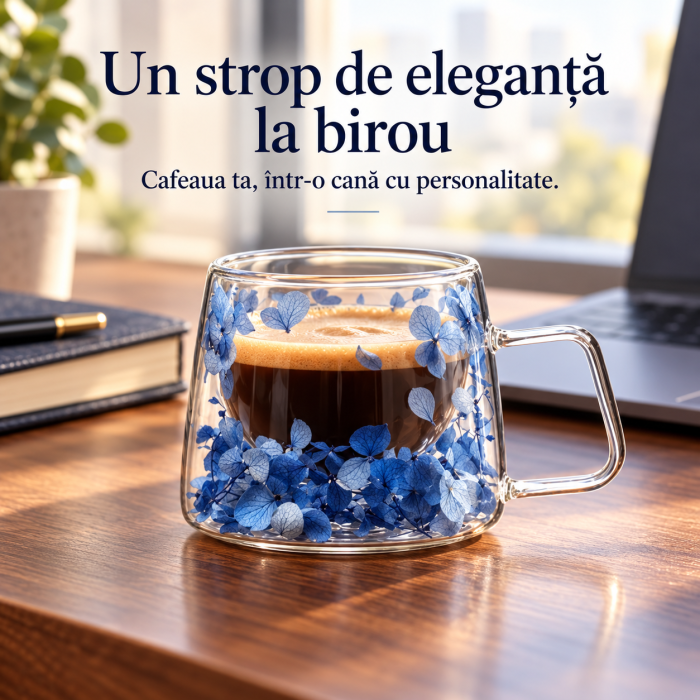 Cană termică 180 ml din sticlă borosilicată, dublu perete, cu flori hortensie – model elegant pentru cafea și ceai [3]