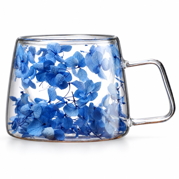 Cană termică 180 ml din sticlă borosilicată, dublu perete, cu flori hortensie – model elegant pentru cafea și ceai [9]