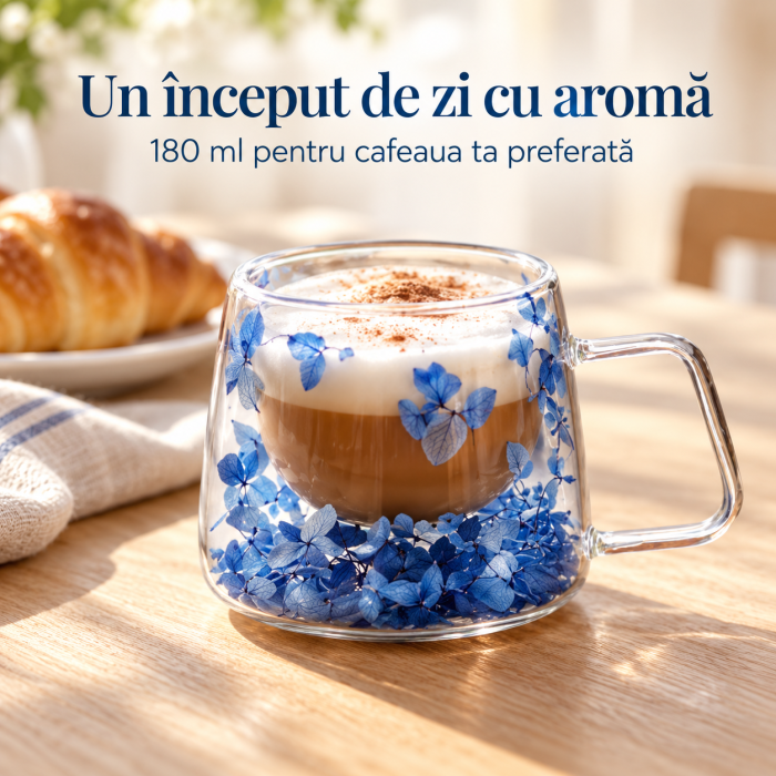 Cană termică 180 ml din sticlă borosilicată, dublu perete, cu flori hortensie – model elegant pentru cafea și ceai [2]