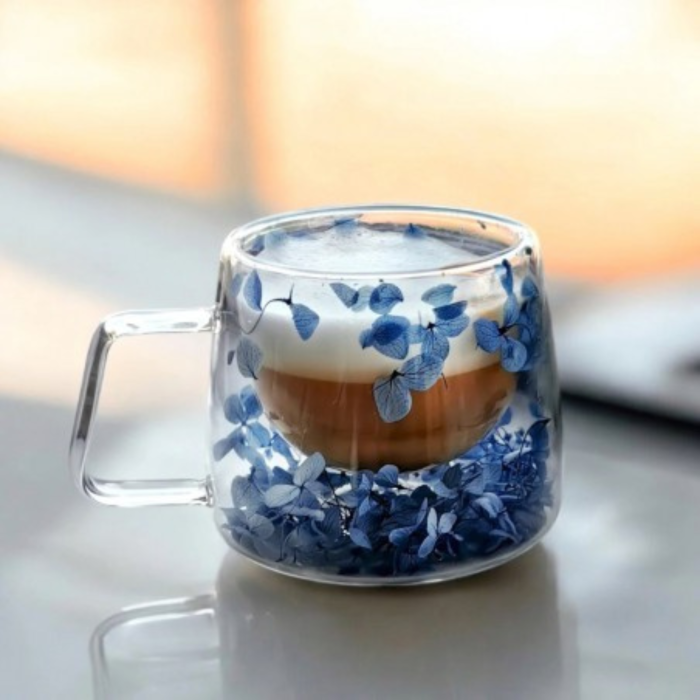 Cană termică 180 ml din sticlă borosilicată, dublu perete, cu flori hortensie – model elegant pentru cafea și ceai [2]