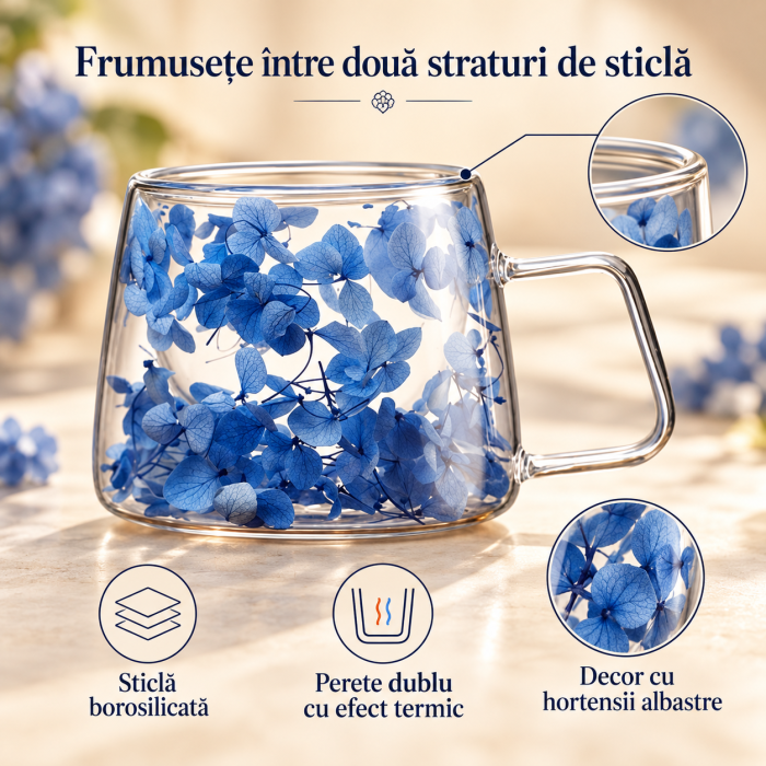 Cană termică 180 ml din sticlă borosilicată, dublu perete, cu flori hortensie – model elegant pentru cafea și ceai [7]