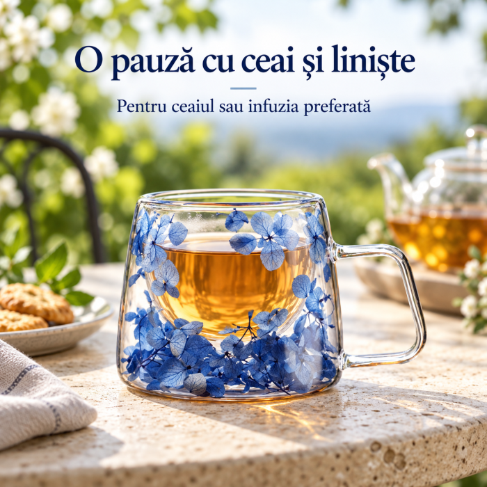 Cană termică 180 ml din sticlă borosilicată, dublu perete, cu flori hortensie – model elegant pentru cafea și ceai [8]