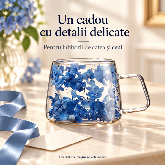 Cană termică 180 ml din sticlă borosilicată, dublu perete, cu flori hortensie – model elegant pentru cafea și ceai [6]