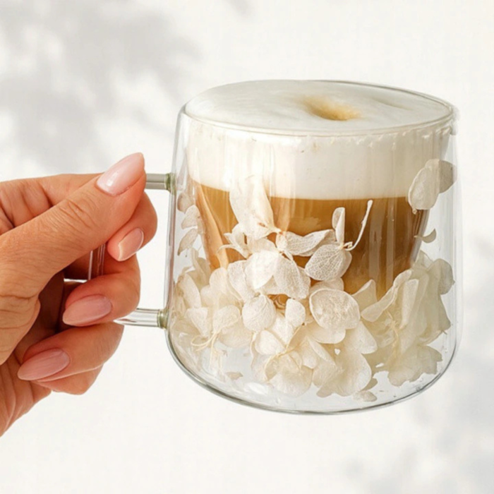 Cană termică 300 ml din sticlă borosilicată, dublu perete, cu hortensie albă 3D – model elegant pentru cafea și ceai [4]