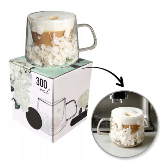 Cană termică 300 ml din sticlă borosilicată, dublu perete, cu hortensie albă 3D – model elegant pentru cafea și ceai [2]