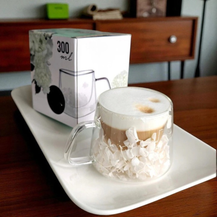 Cană termică 300 ml din sticlă borosilicată, dublu perete, cu hortensie albă 3D – model elegant pentru cafea și ceai [5]