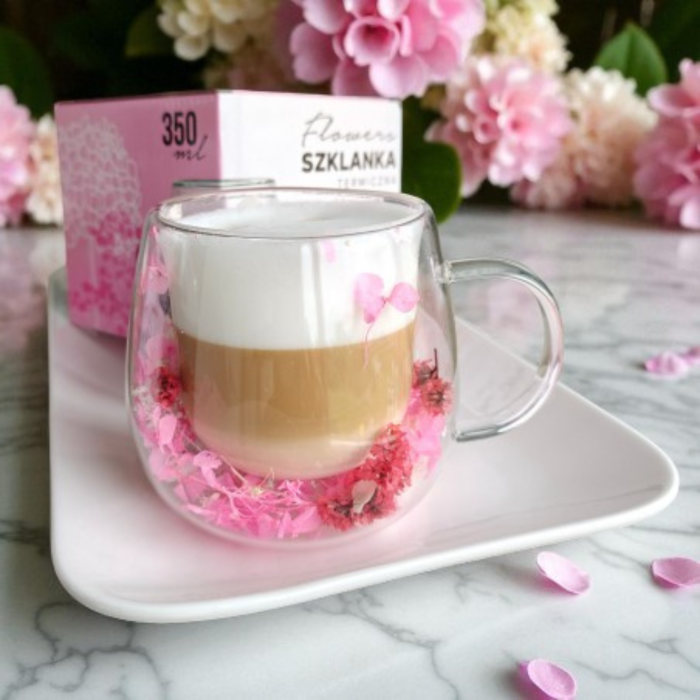 Cană termică 350 ml din sticlă borosilicată, dublu perete, cu flori roz 3D – model elegant pentru cafea latte și ceai [2]