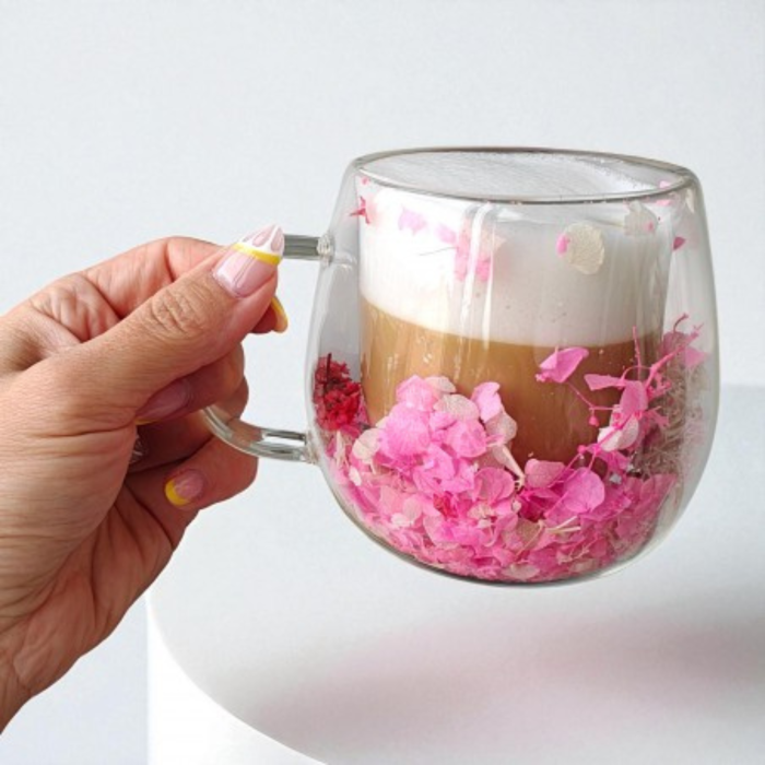Cană termică 350 ml din sticlă borosilicată, dublu perete, cu flori roz 3D – model elegant pentru cafea latte și ceai [4]