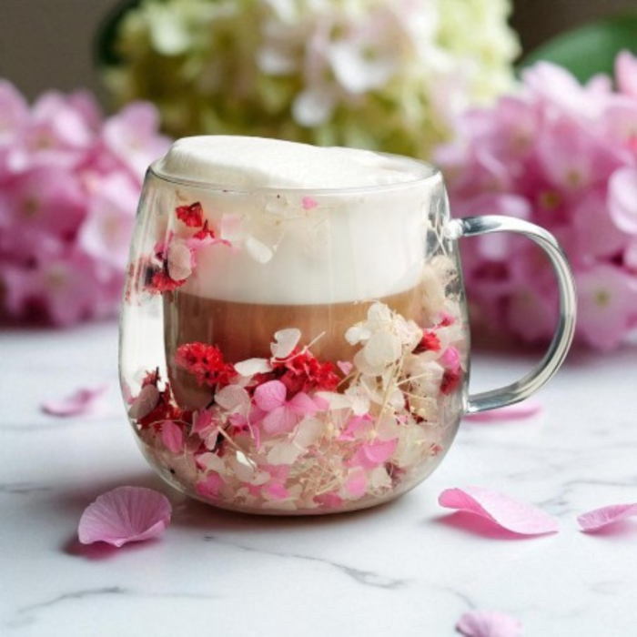 Cană termică 350 ml din sticlă borosilicată, dublu perete, cu flori roz 3D – model elegant pentru cafea latte și ceai [3]