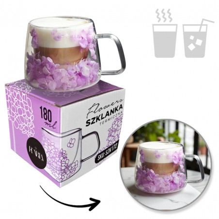 Cană termică din sticlă borosilicată cu floare decorativă violet – 180 ml [4]