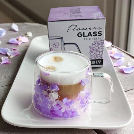 Cană termică din sticlă borosilicată cu floare decorativă violet – 180 ml [2]