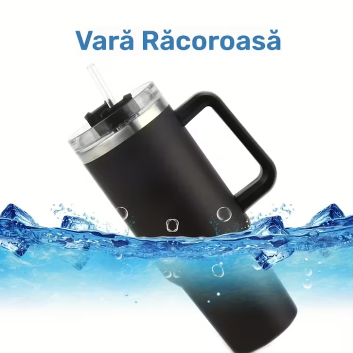 Cana termica VarioShop®, din otel inoxidabil, cu maner si pai, capacitate 1.2 L, reutilizabila, practica pentru calatorii, birou, negru [8]
