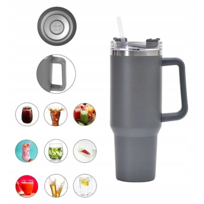 Cana termica VarioShop®, din otel inoxidabil, cu maner si pai, capacitate 1.2 L, reutilizabila, practica pentru calatorii, birou, negru [11]