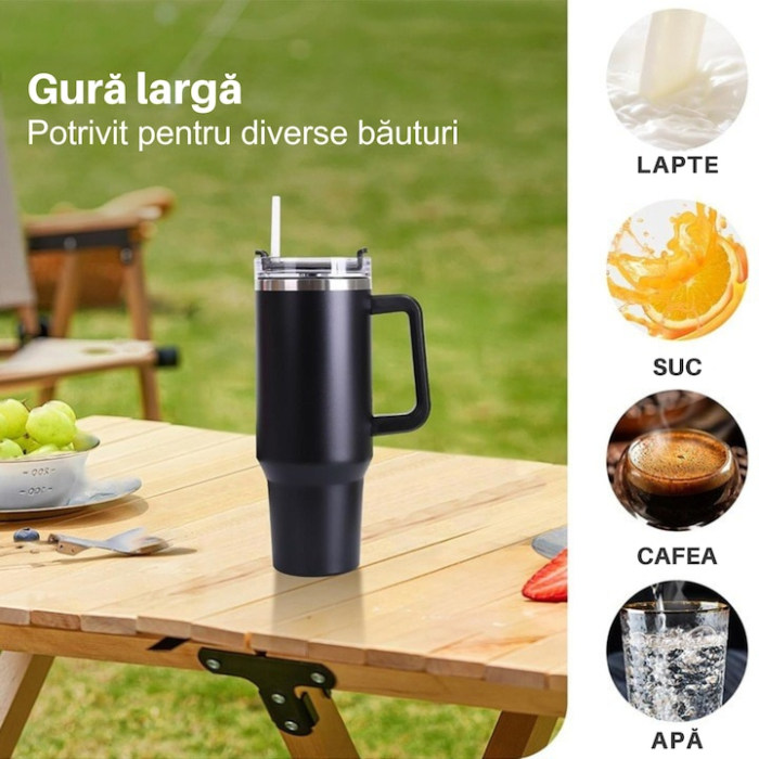 Cana termica VarioShop®, din otel inoxidabil, cu maner si pai, capacitate 1.2 L, reutilizabila, practica pentru calatorii, birou, negru [6]