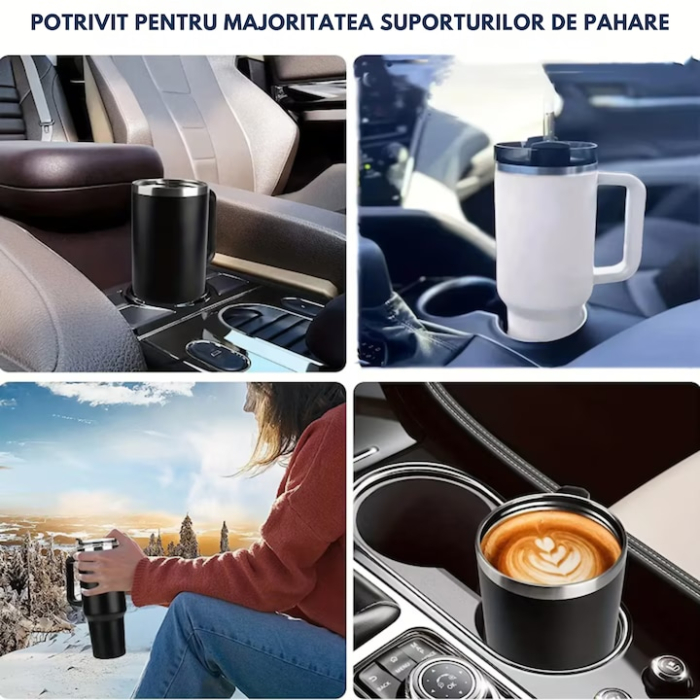 Cana termica VarioShop®, din otel inoxidabil, cu maner si pai, capacitate 1.2 L, reutilizabila, practica pentru calatorii, birou, negru [10]