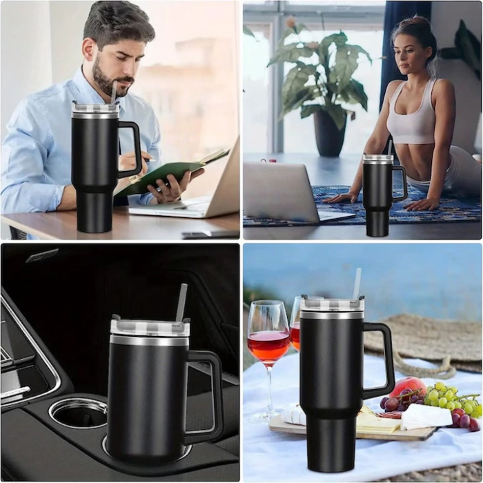 Cana termica VarioShop®, din otel inoxidabil, cu maner si pai, capacitate 1.2 L, reutilizabila, practica pentru calatorii, birou, negru [13]