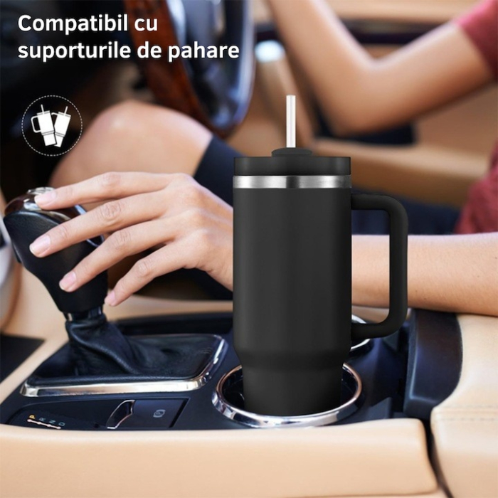 Cana termica VarioShop®, din otel inoxidabil, cu maner si pai, capacitate 1.2 L, reutilizabila, practica pentru calatorii, birou, negru [12]