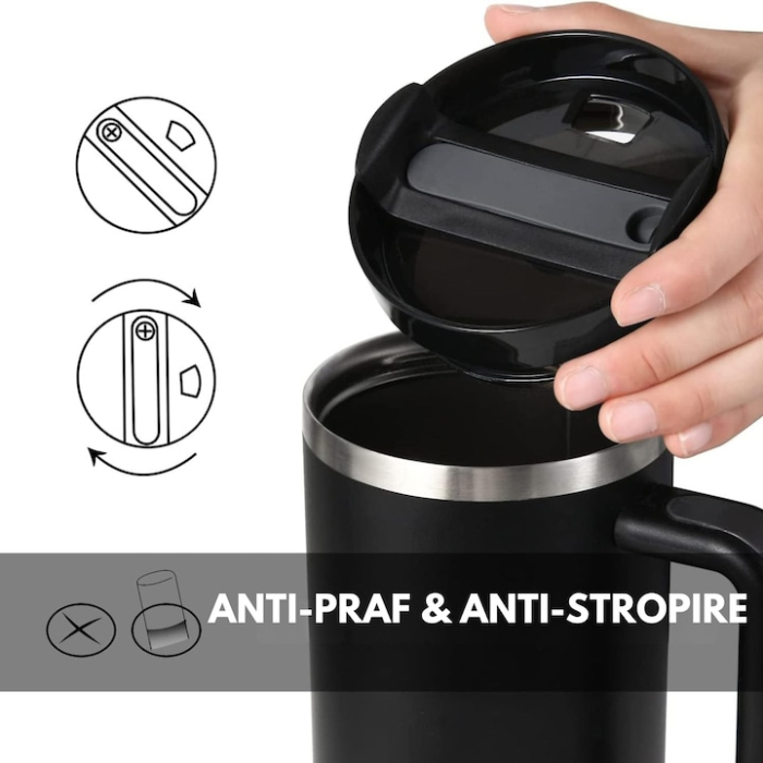 Cana termica VarioShop®, din otel inoxidabil, cu maner si pai, capacitate 1.2 L, reutilizabila, practica pentru calatorii, birou, negru [4]