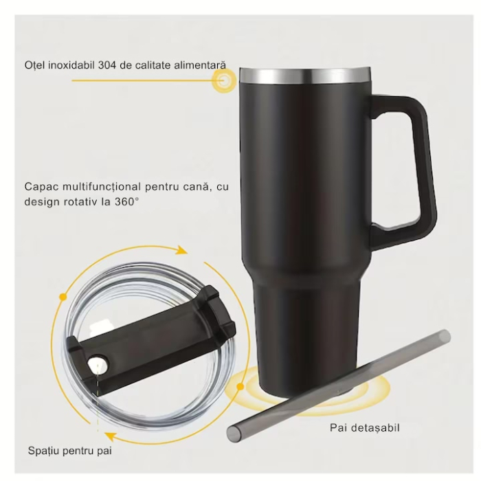 Cana termica VarioShop®, din otel inoxidabil, cu maner si pai, capacitate 1.2 L, reutilizabila, practica pentru calatorii, birou, negru [3]