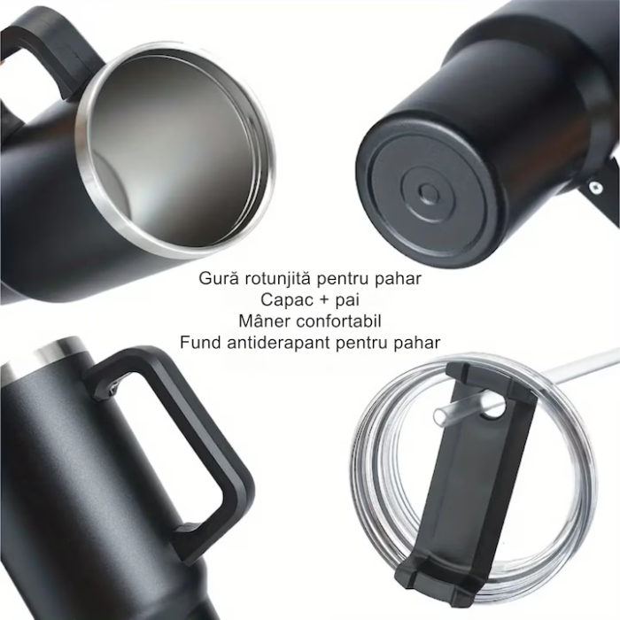 Cana termica VarioShop®, din otel inoxidabil, cu maner si pai, capacitate 1.2 L, reutilizabila, practica pentru calatorii, birou, negru [9]
