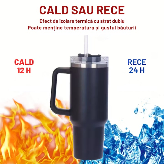 Cana termica VarioShop®, din otel inoxidabil, cu maner si pai, capacitate 1.2 L, reutilizabila, practica pentru calatorii, birou, negru [7]
