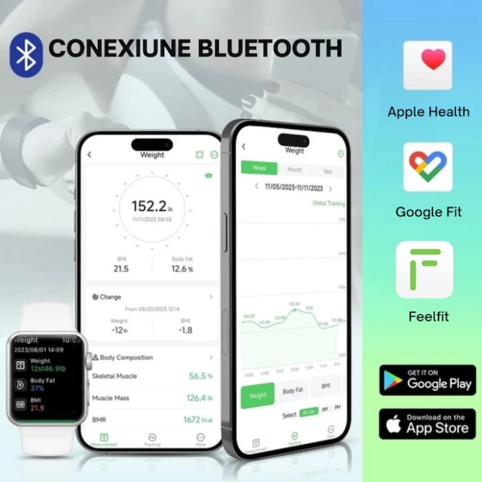 Cantar de baie inteligent VarioShop®, ecran LCD, aplicatie Feelfit, greutate pana la 226 kg, BMI, grasime corporala, masa musculara si apa corporala, 30x30 cm, alb [2]