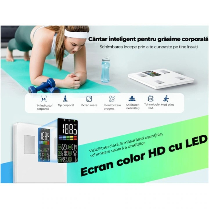 Cantar de baie inteligent VarioShop®, ecran LCD, aplicatie Feelfit, greutate pana la 226 kg, BMI, grasime corporala, masa musculara si apa corporala, 30x30 cm, alb [6]