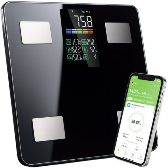 Cantar de baie inteligent VarioShop®, ecran LCD, aplicatie Feelfit, greutate pana la 226 kg, BMI, grasime corporala, masa musculara si apa corporala, 30x30 cm, negru [1]