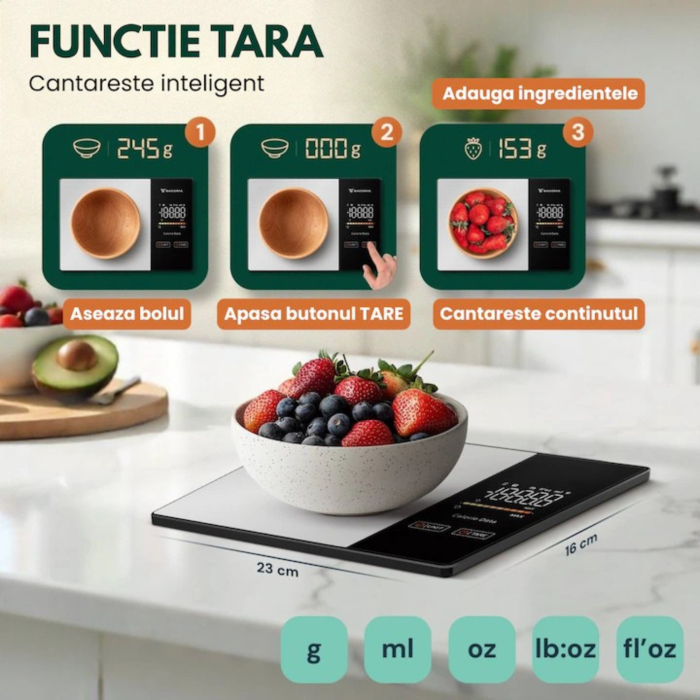 Cantar de bucatarie inteligent VarioShop®, cu aplicatie Fitdays, calculator calorii, functie TARE, precizie 1g, capacitate 5 kg, Bluetooth [4]