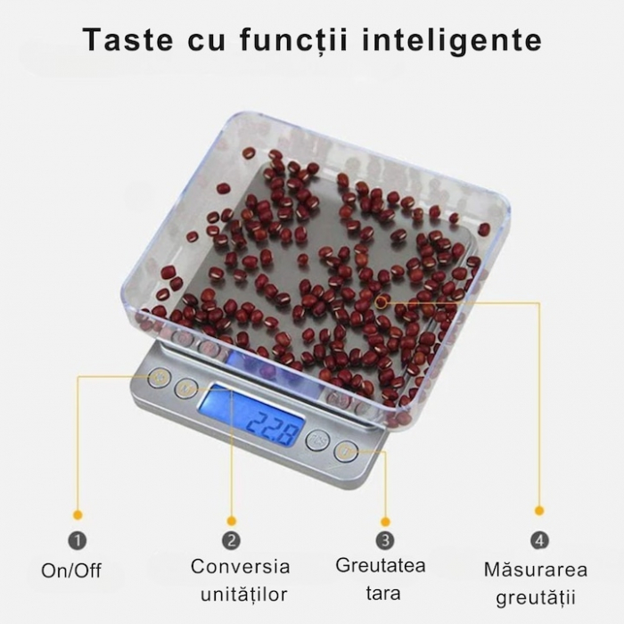 Cantar Electronic de Bucatarie VarioShop®, Ecran LED, Inalta Precizie, Platforma Inox, Functie TARA, Indicator Suprasarcina, Capacitate Max 2 Kg, 12.5 x 10.5 x 1.8 cm, Gri [3]