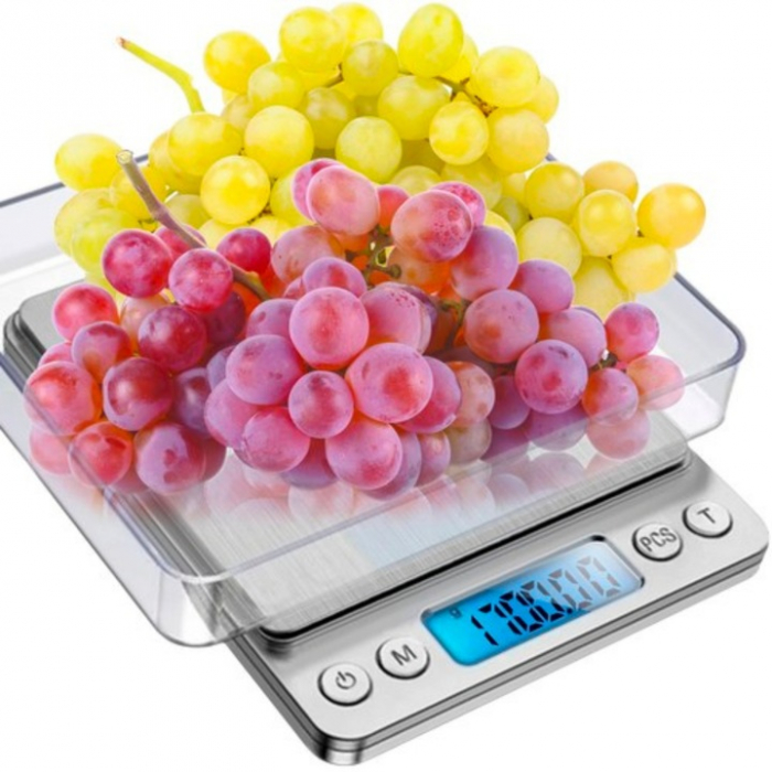 Cantar Electronic de Bucatarie VarioShop®, Ecran LED, Inalta Precizie, Platforma Inox, Functie TARA, Indicator Suprasarcina, Capacitate Max 2 Kg, 12.5 x 10.5 x 1.8 cm, Gri [11]