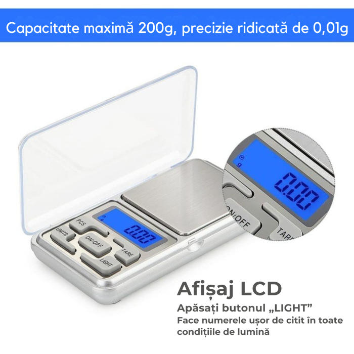 Cantar electronic de precizie VarioShop®, 200 g / 0, 01 g, afisaj LCD iluminat, functie TARE, 5 unitati de masura, compact, portabil, ideal pentru bijuterii, colectionari, gatit si obiecte mici [11]